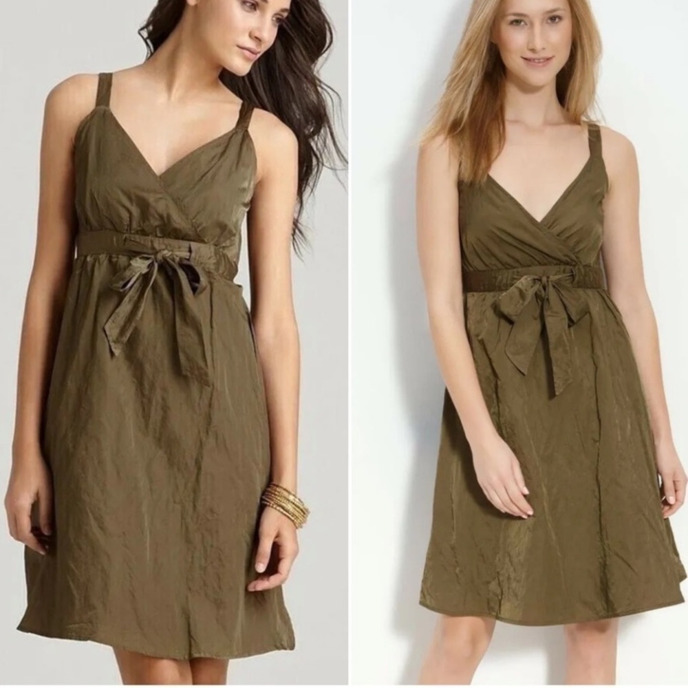 Eileen Fisher dress Steel Satin Faux Wrap Surplice Olivine NEW sz 10